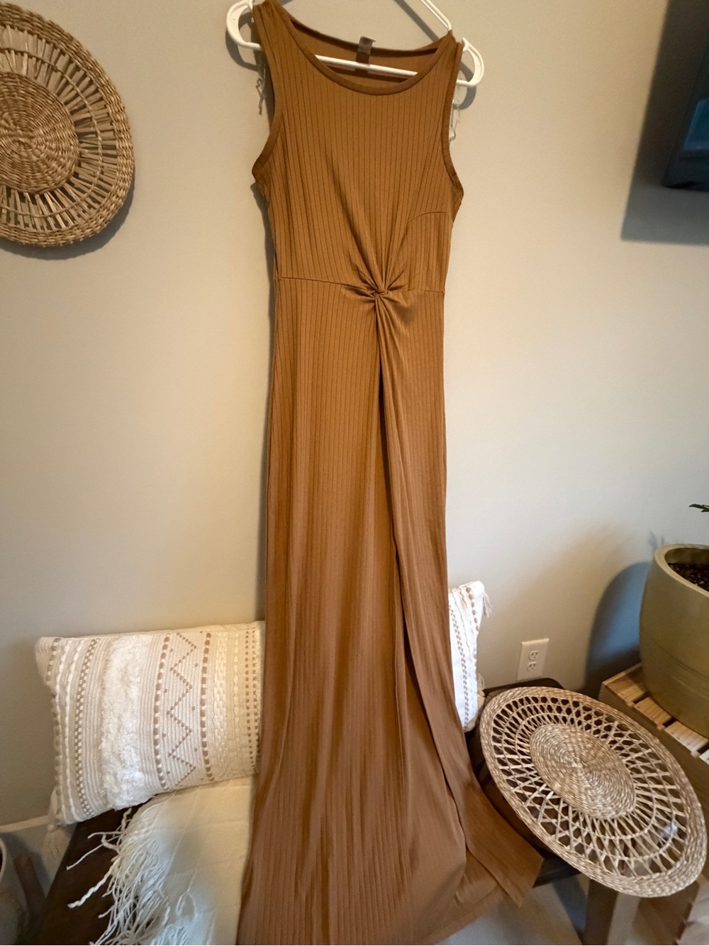 Sleeveless Twist-Front Maxi Dress in Camel Brown with Front Slit